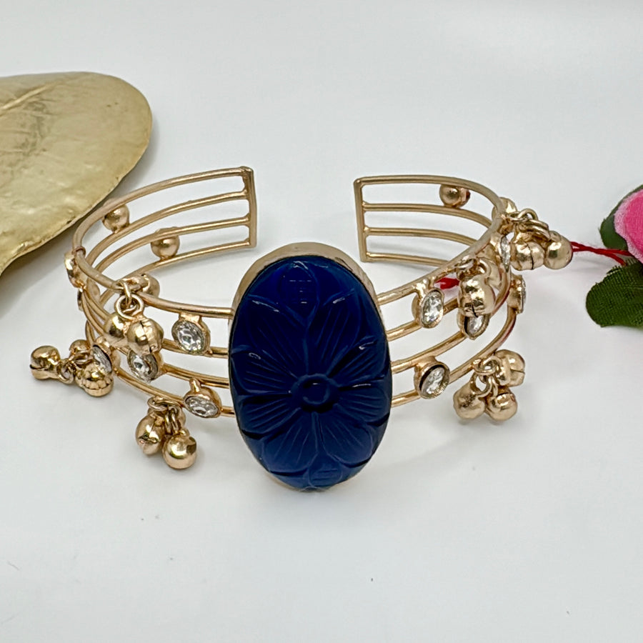 Blue Amrapali Stone Silver Lookalike Adjustable Bracelet Cuff With Kundan & Ghungroos