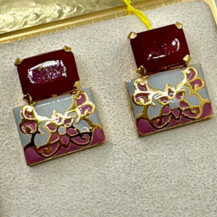 Ruby Swarovski Crystal & Grey Meenakari Studs