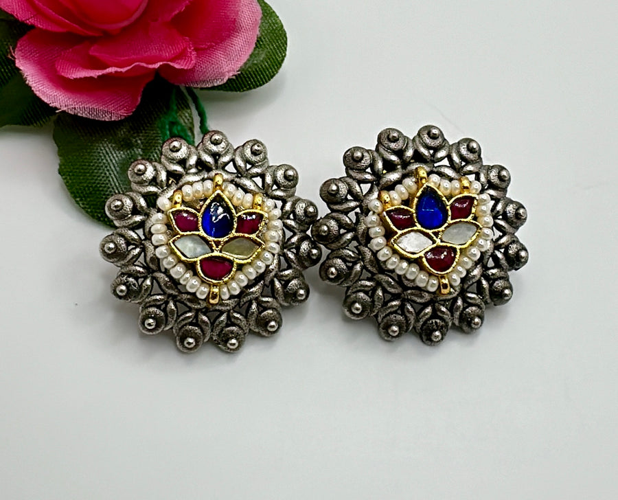 Blue Silver Lookalike Paachi Flower Motif Studs