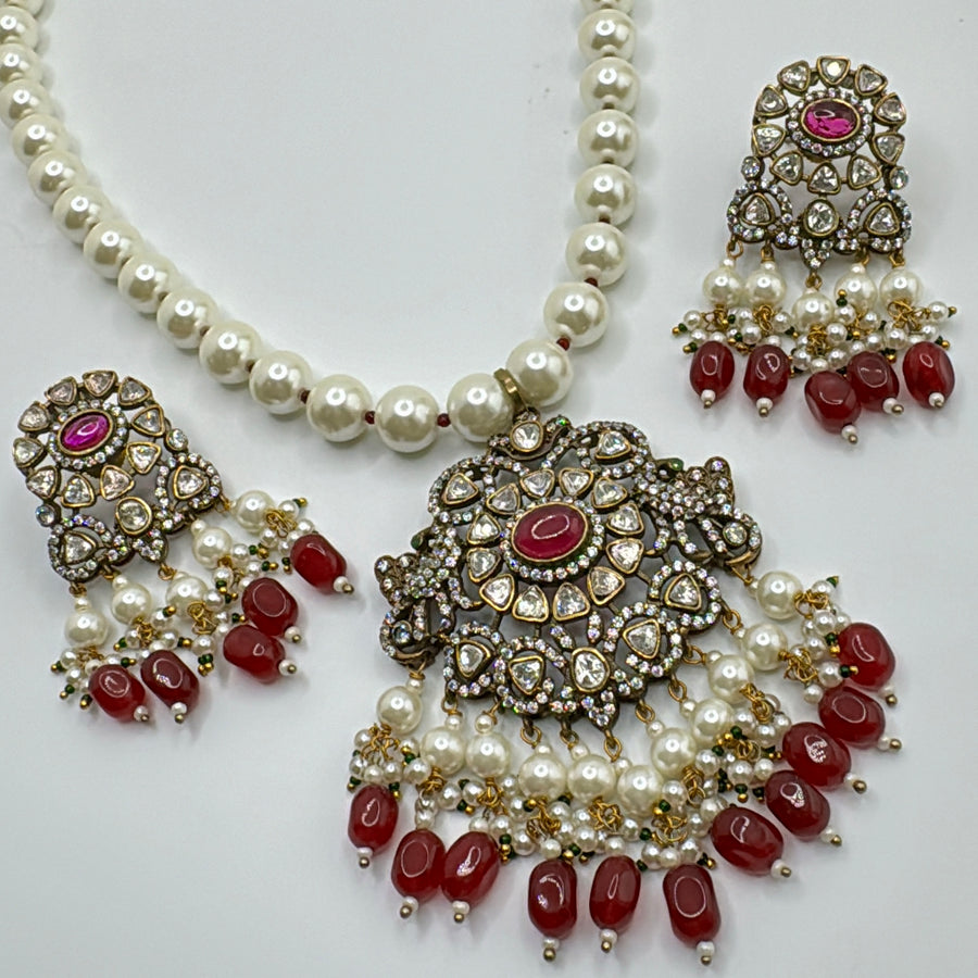 Ruby Pearl Moissanite Kundan Long Necklace Set