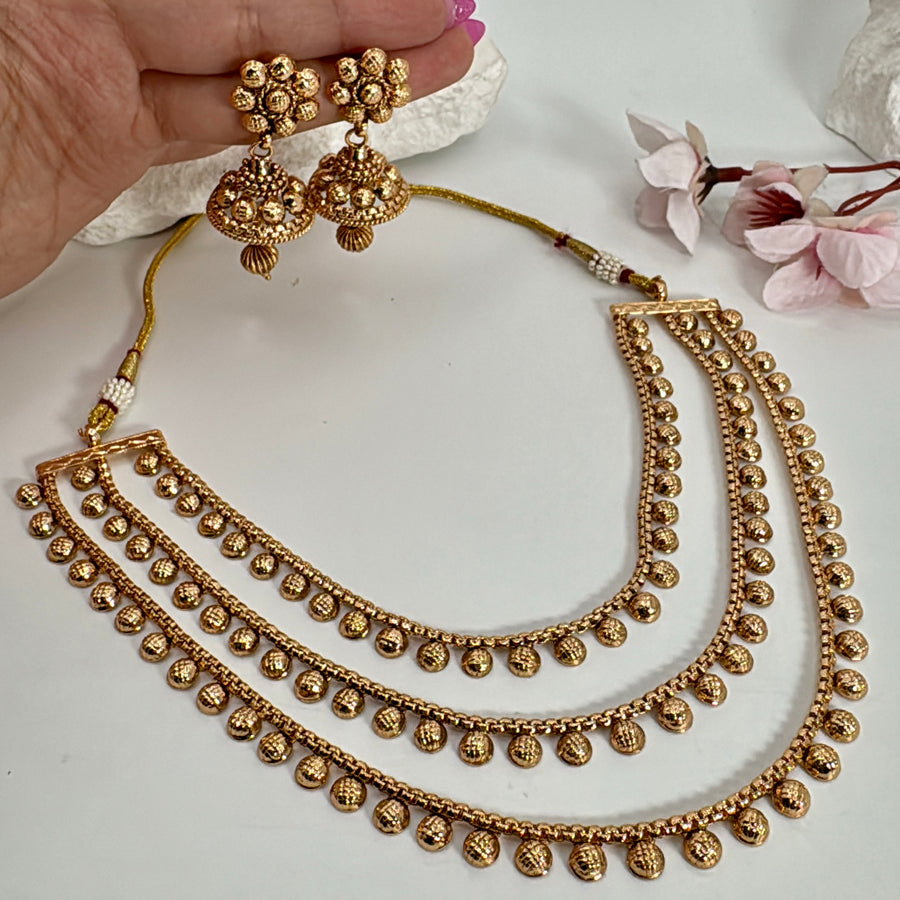 Clear Three Layer Antique Gold Necklace Set