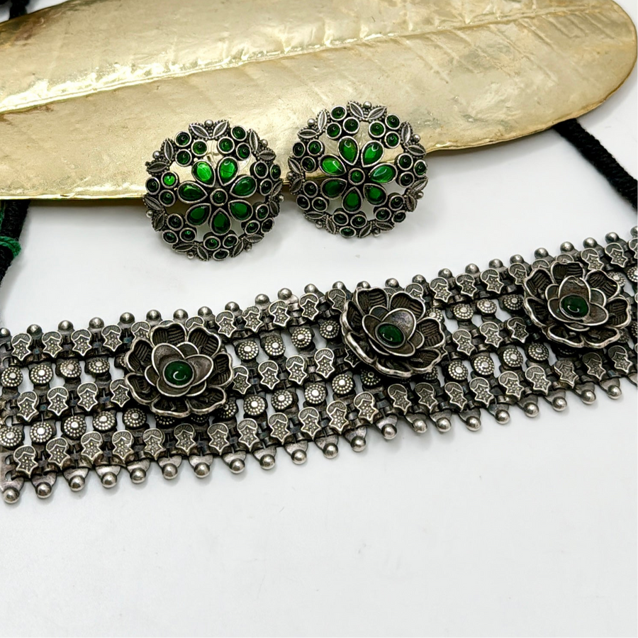 Green Silver Lookalike Chic Choker Set