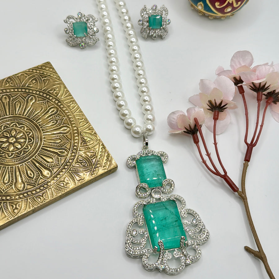 Teal Doublet Nita Ambani Inspired Pearl Long Necklace Set