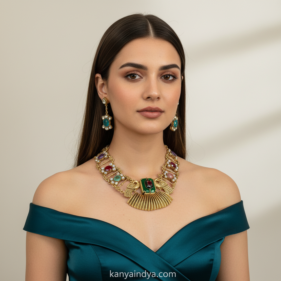 Multi Silver Lookalike Apala Inspired Gold Necklace Set