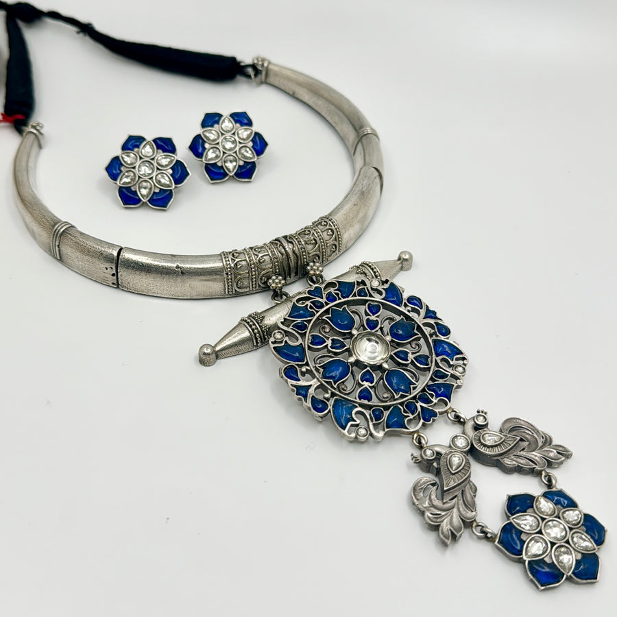 Blue Silver Lookalike Hasli Necklace Set