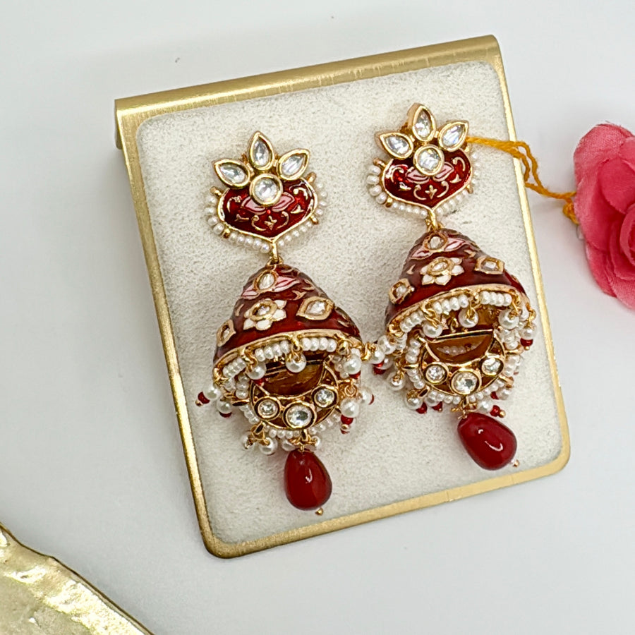 Red Kundan Earrings With Pearls