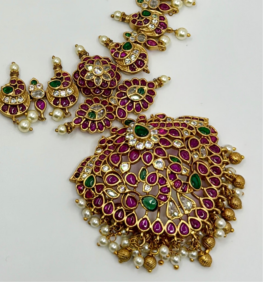 Ruby & Green Antique Gold Temple Inspired Necklace Set