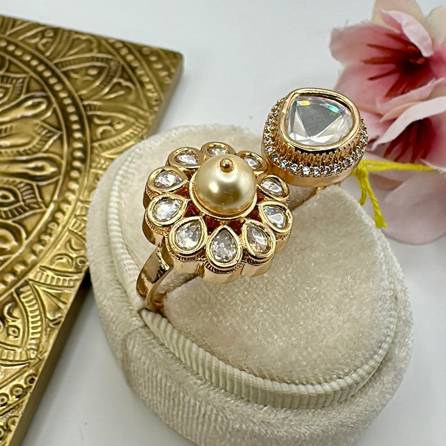 Clear Two Finger Moissanite Kundan Adjustable Finger Ring