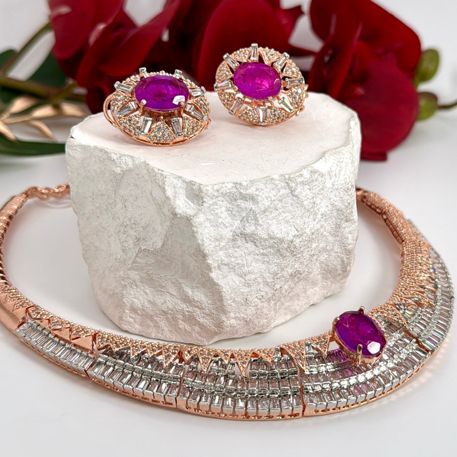 Purple Dual Tone Cubic Zirconia Baguette Diamonds Carat Polished Necklace Set