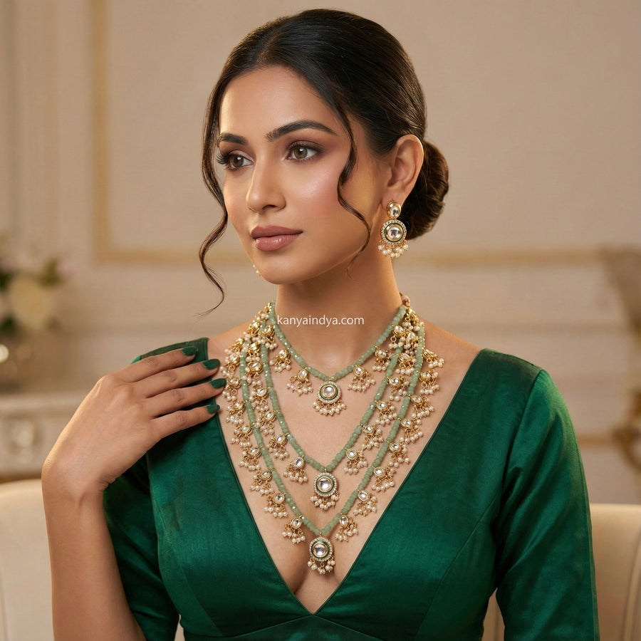 Mint Bikaneri Kundan Three Layers Necklace Set