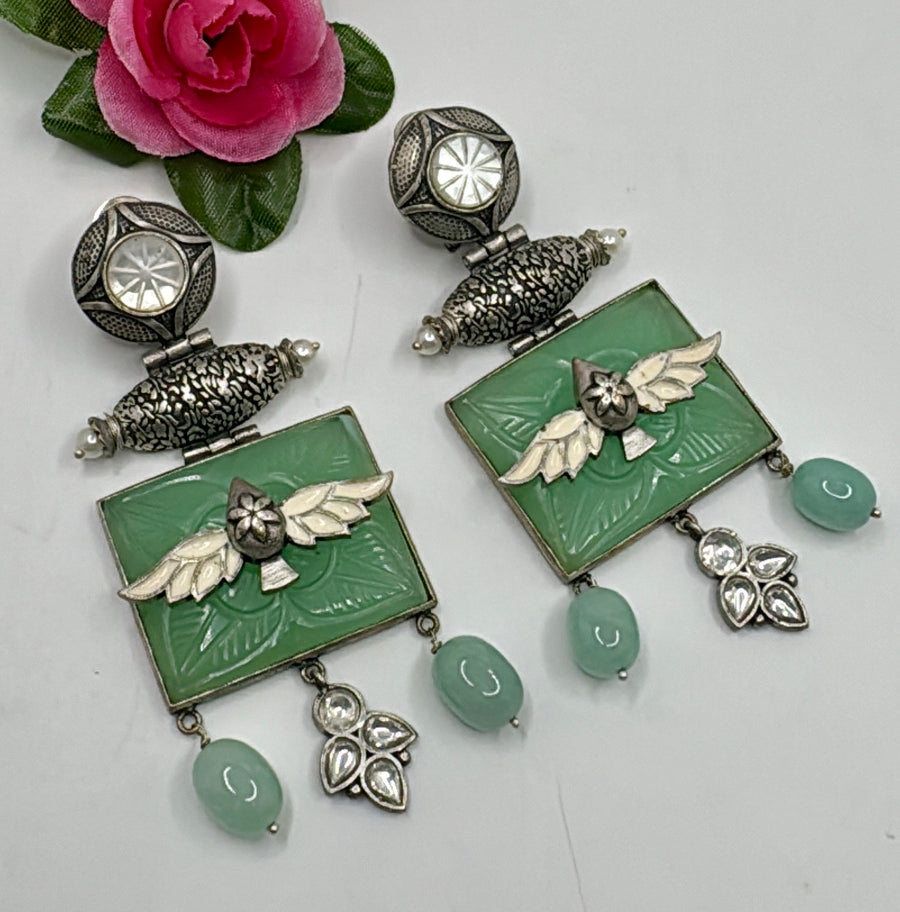 Mint Inlay Glass Stone Work Earrings