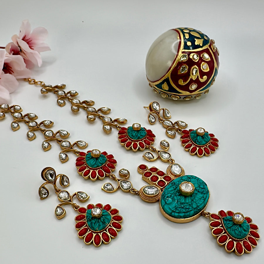 Turquoise & Coral Red Silver Lookalike Gold Long Necklace set