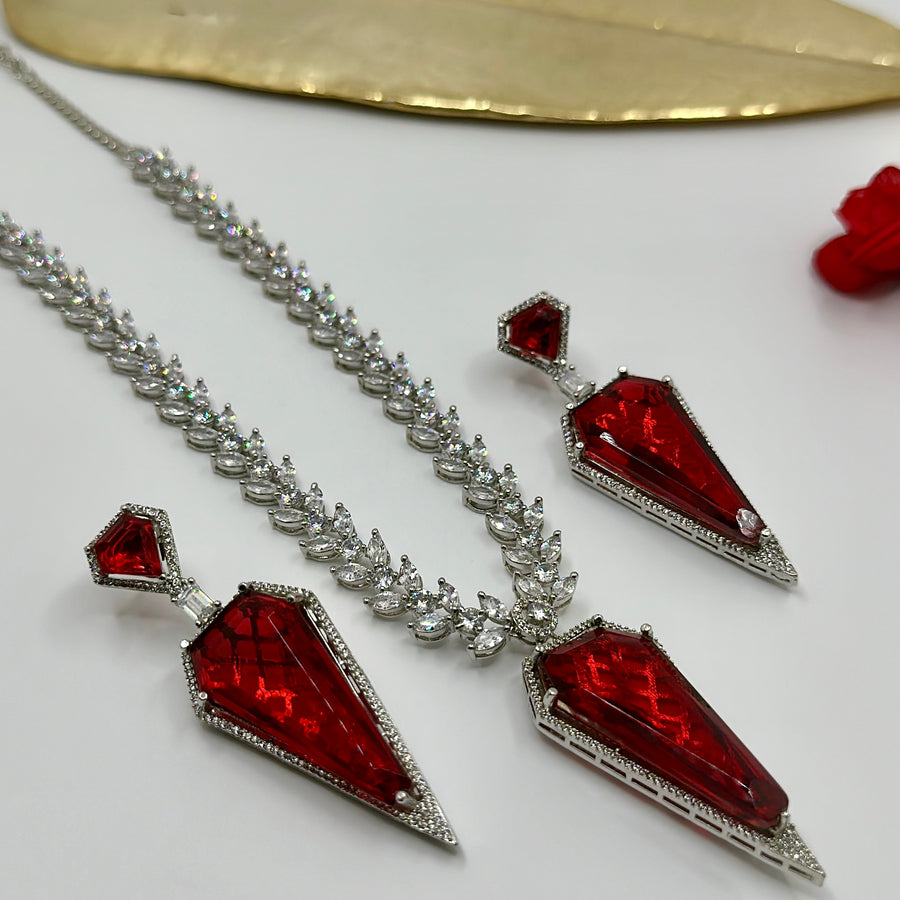 Red American Diamonds Necklace Set