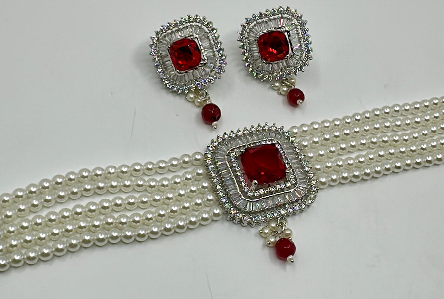 Ruby Red American Diamonds Pearls Choker Set