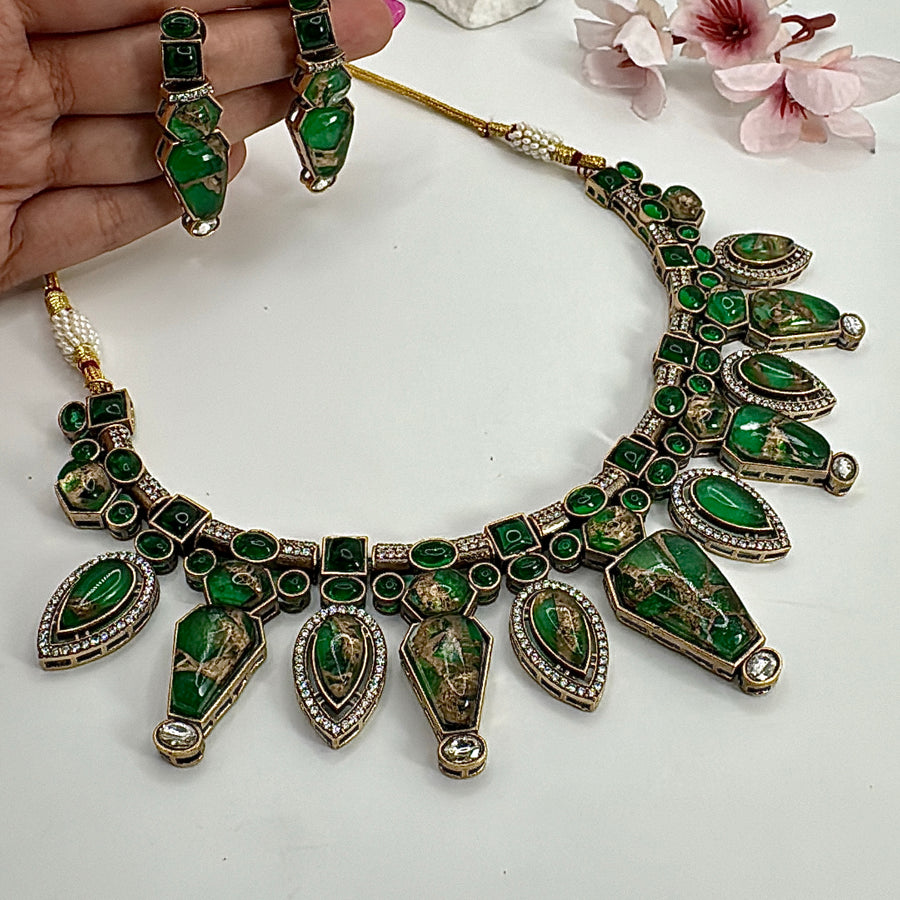 Green Marble Stone Metallic Doublet Necklace Set