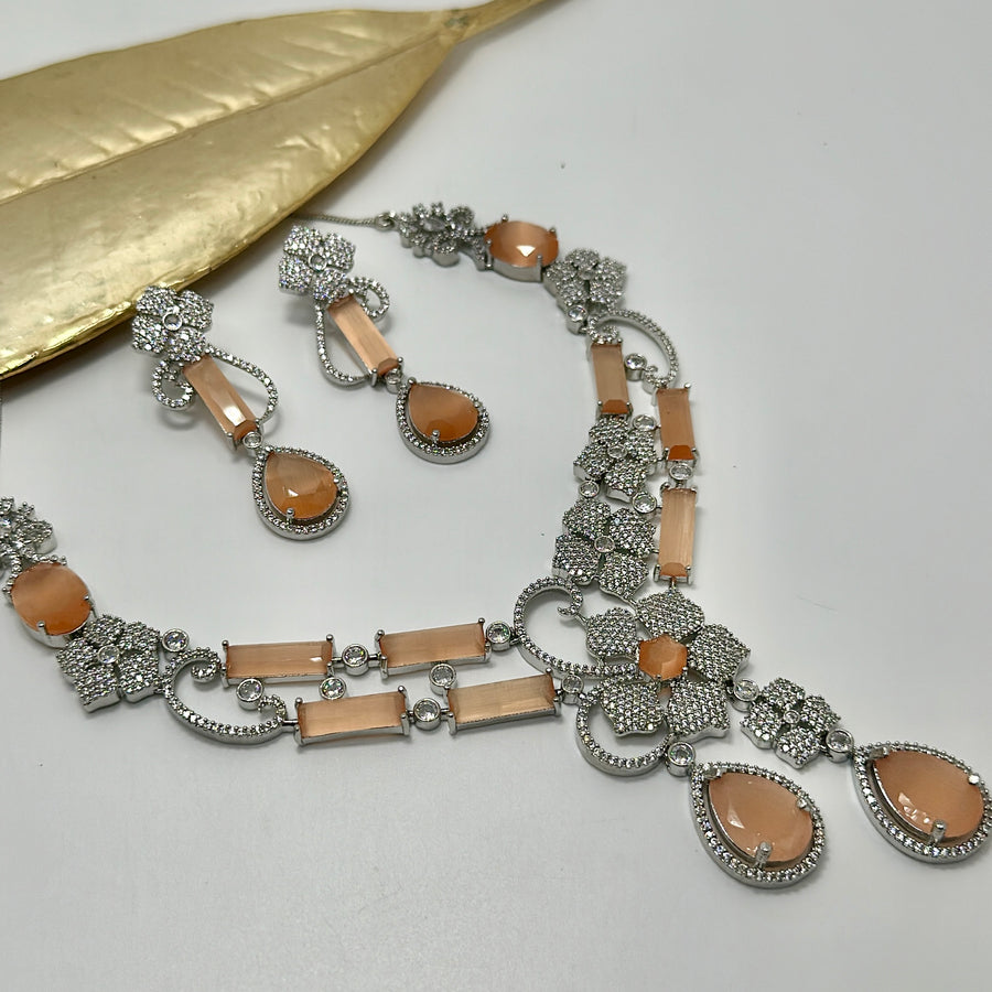 Peach American Diamonds Necklace Set