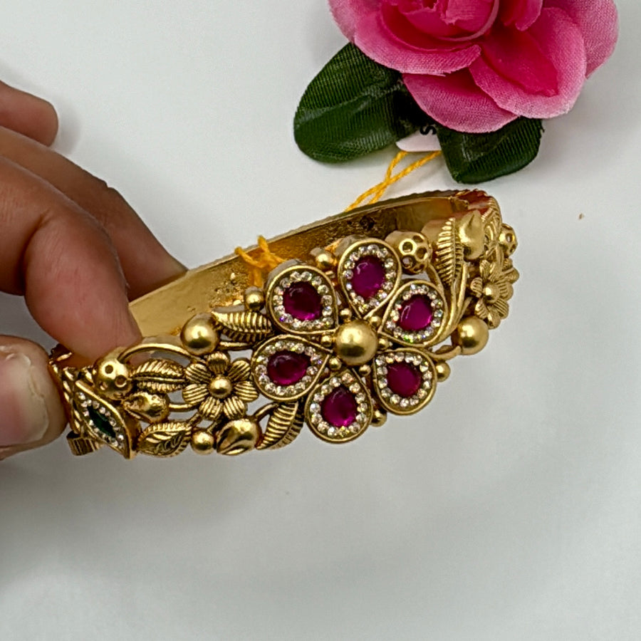 Hot Pink Antique Gold Ruby Flower Kundan Bracelet (Openable Size 2.2-2.6)