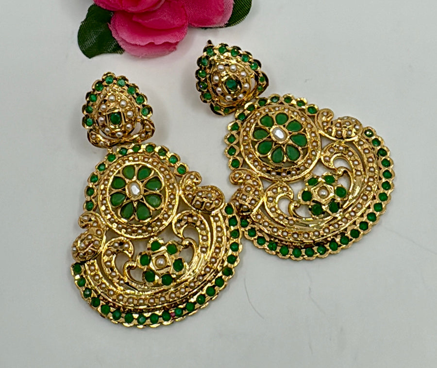 Green Punjabi Jadau Earrings