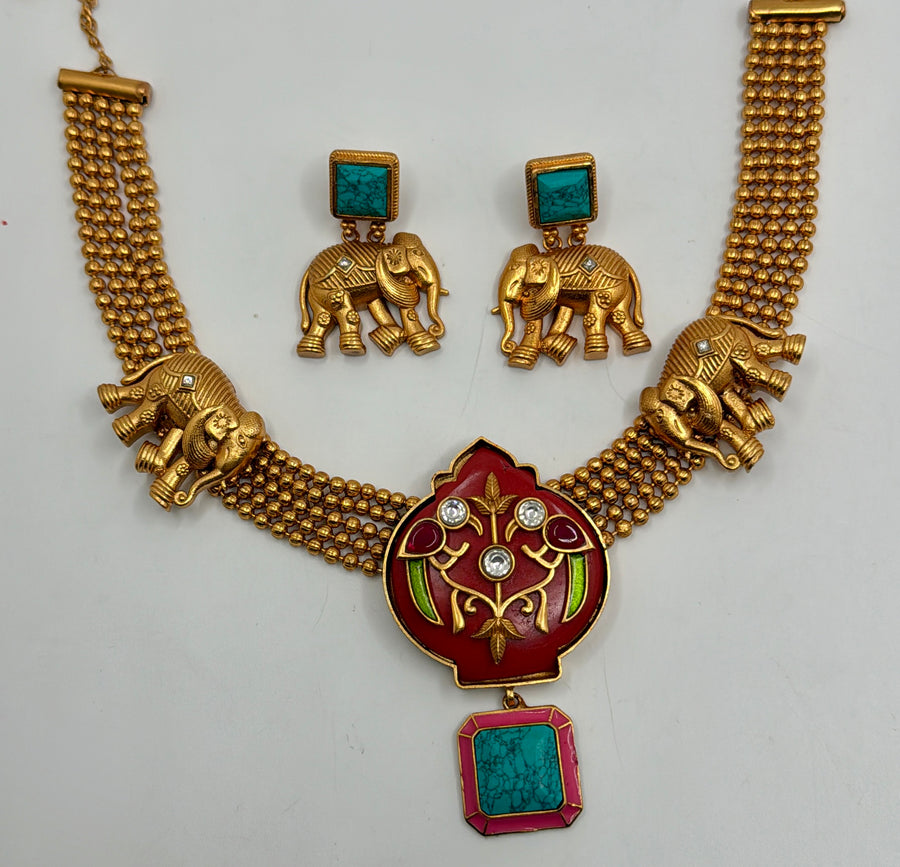 Turquoise And Red Inlay Stone Elephant Necklace Set