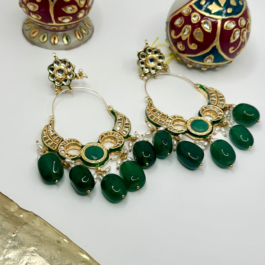 Green Kundan Chand Bali Earrings