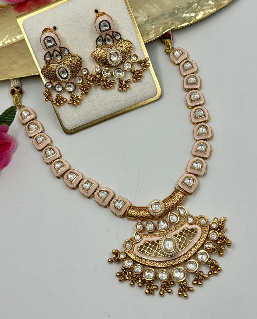 Pink Meenakari Temple Inspired Antique Gold Necklace Set