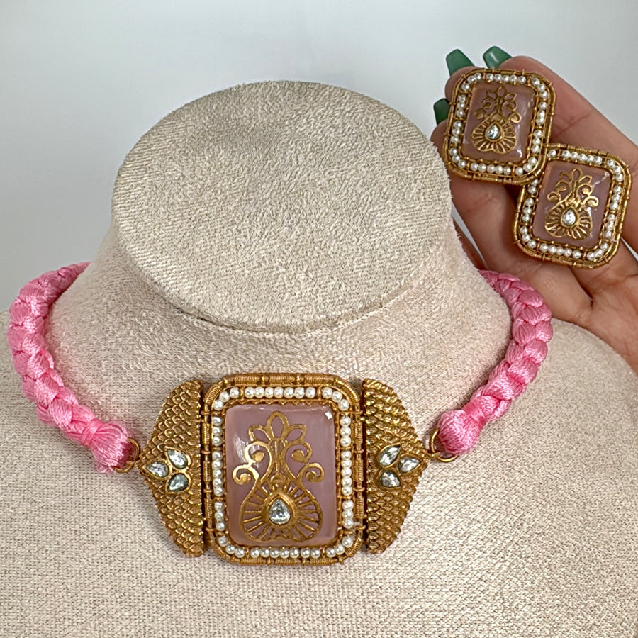 Pink Apala Inspired Glass Stone With Inlay Work Dori Choker Necklace Set