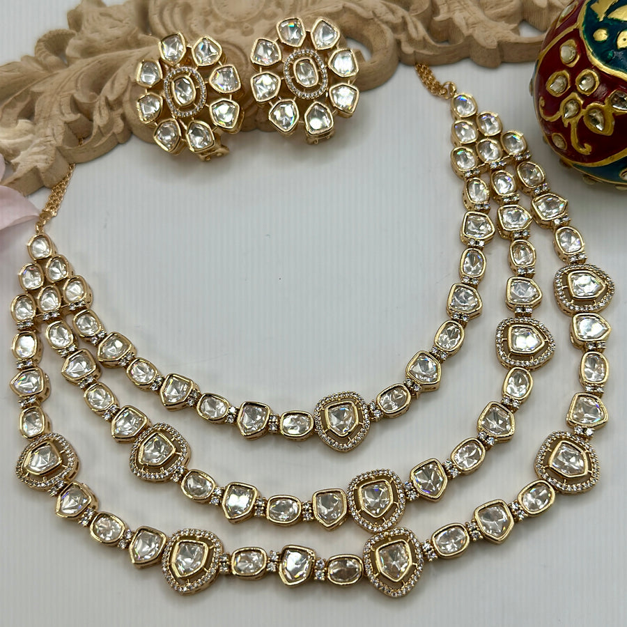 Clear Premium Polki Kundan Three Layers Necklace Set