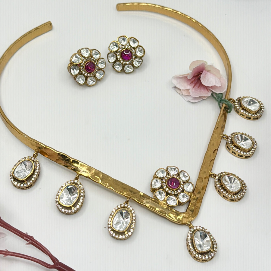 Ruby Moissanite Kundan Hasli Necklace Set