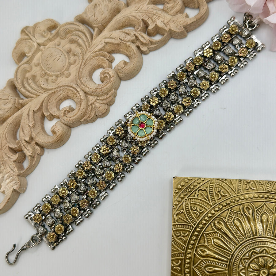 Mint Paachi Kundan Motif Dual Tone Silver Lookalike Adjustable Bracelet(One Size Fits All)