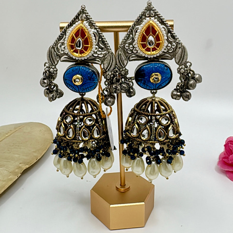 Blue Silver Lookalike Jhumka With Pearls