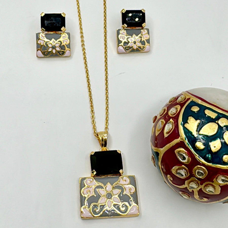 Blue Stone & Meenakari Pendant Set