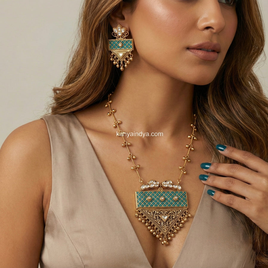 Turquoise Jadau Apala Inspired Antique Gold Ghungroo Long Necklace Set