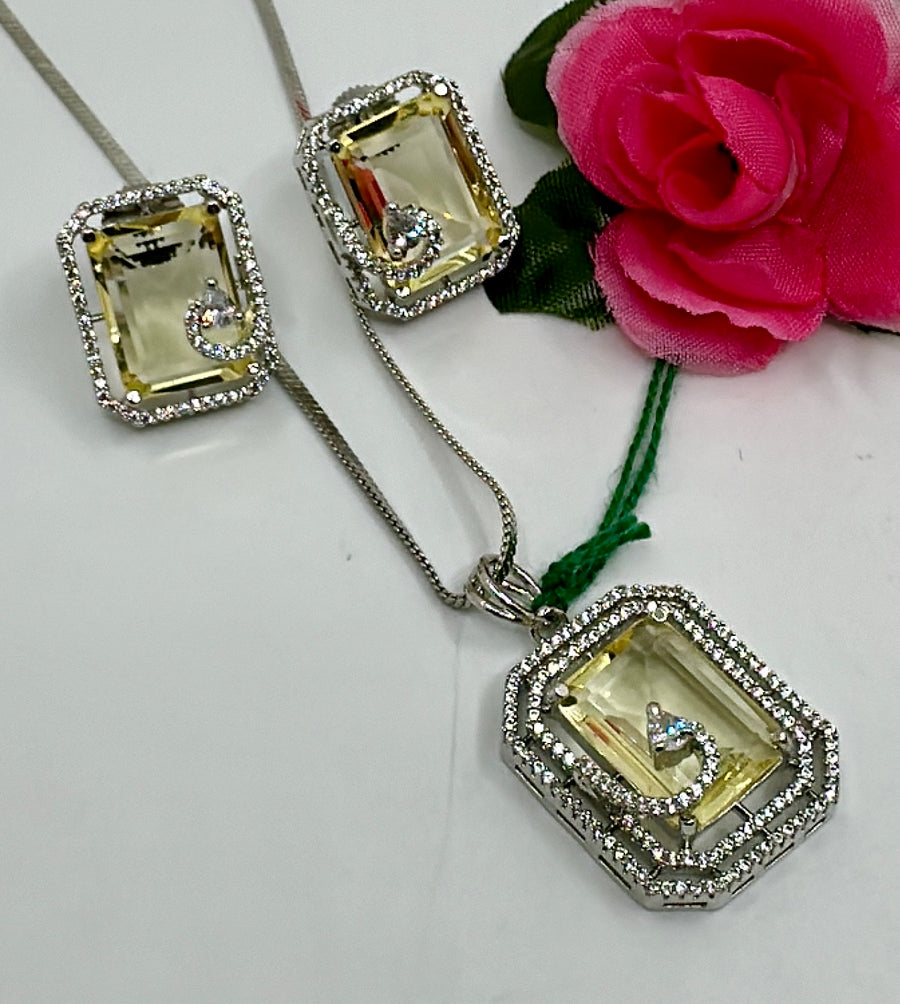 Lime Yellow American Diamonds Pendant Set