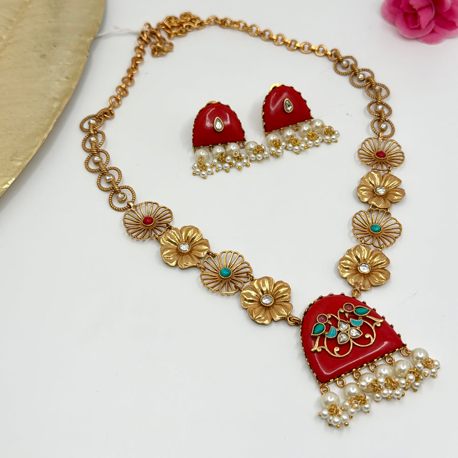 Coral Red Stone With Inlay Work Silver Lookalike Gold Long Necklace Set