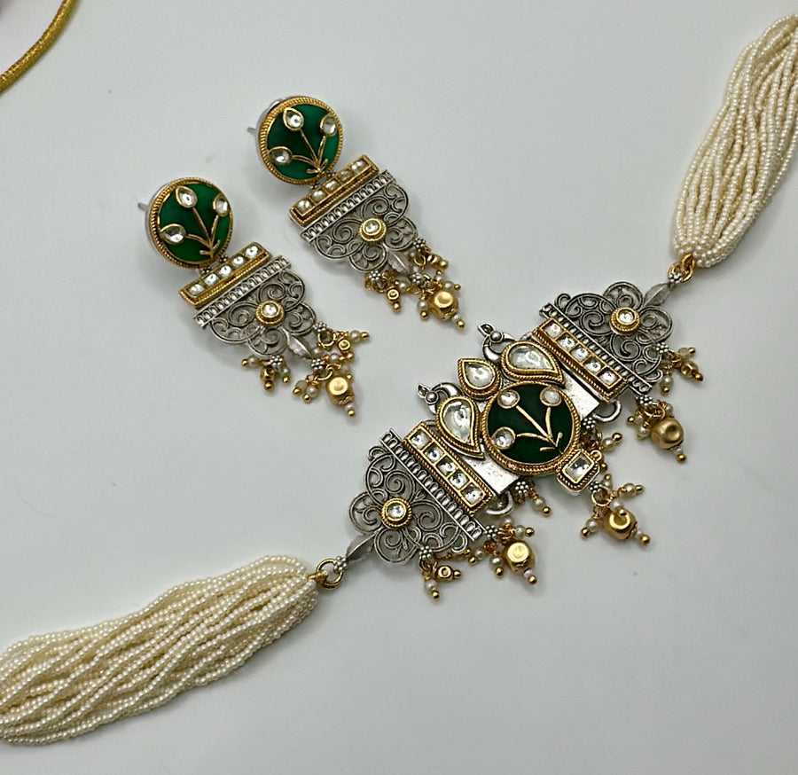 Green Silver Lookalike Kundan Choker Set