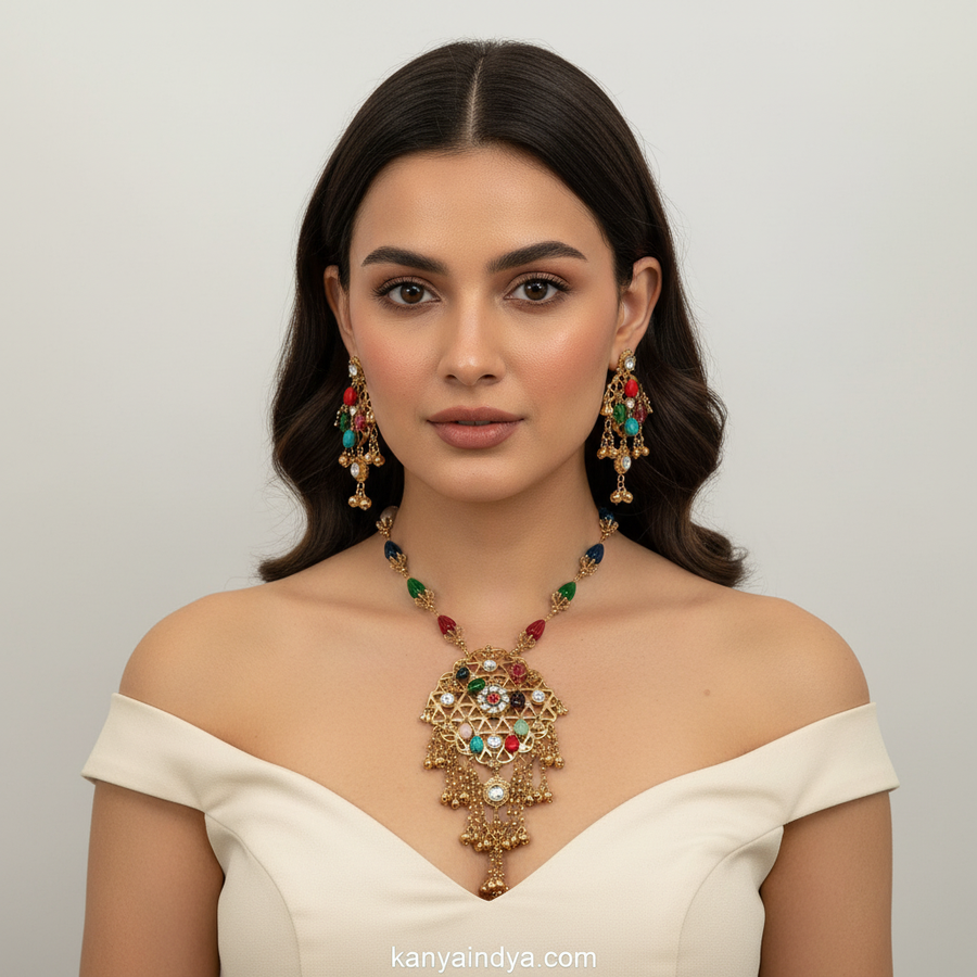 Multi  Navratan Apala Inspired Long Necklace Set