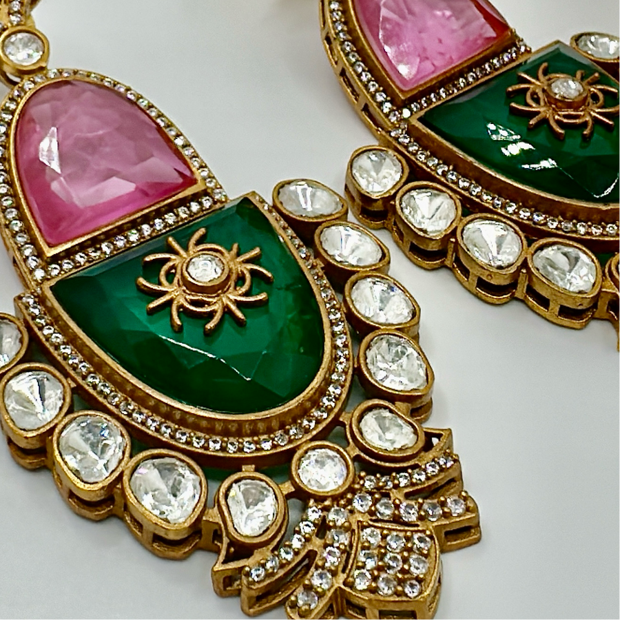 Pink & Green Doublet & Moissanite Statement Earrings