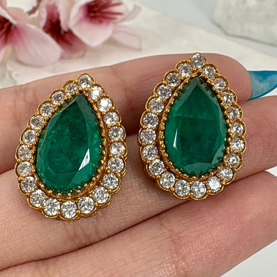 Teal Doublet & American Diamonds CZ Stud Earrings