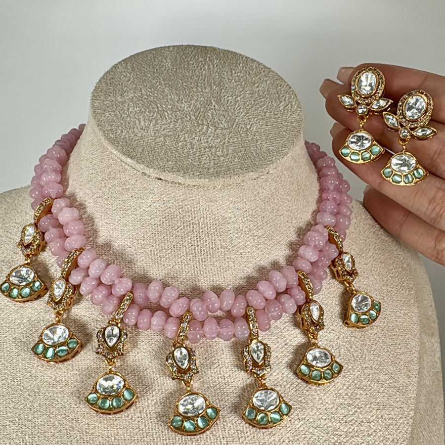 Pink Pearl & Mint Paachi Jadau Charms Necklace Set