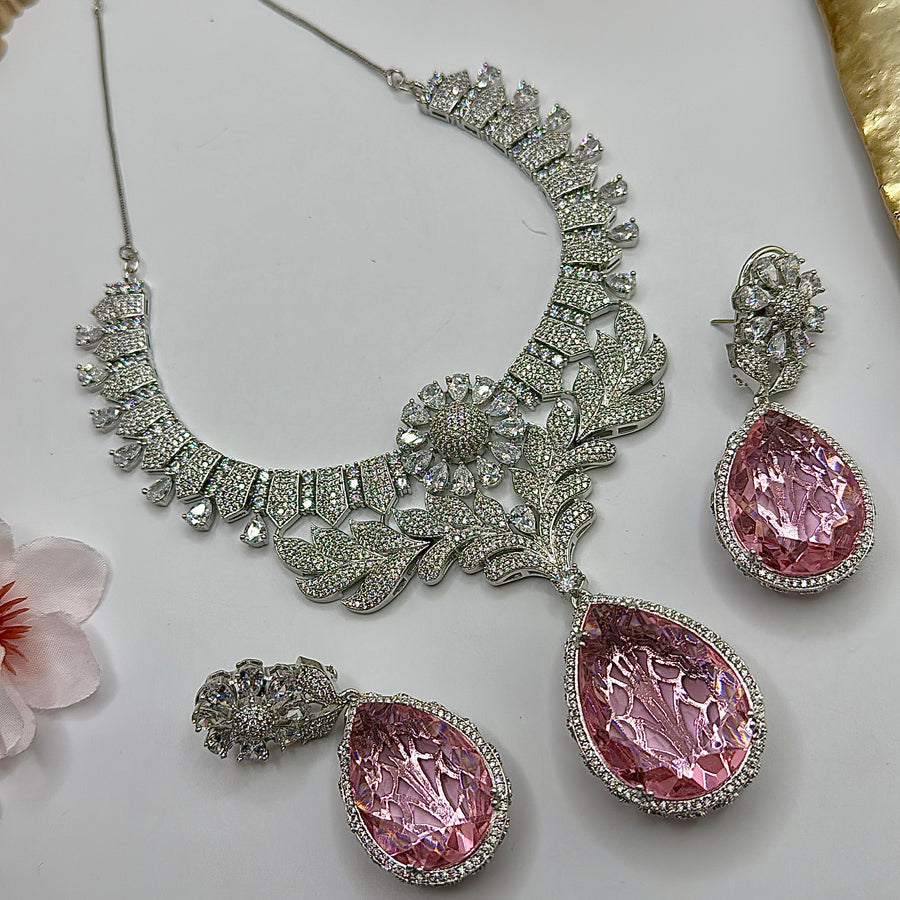 Pink Statement Doublet American Diamonds Necklace Set