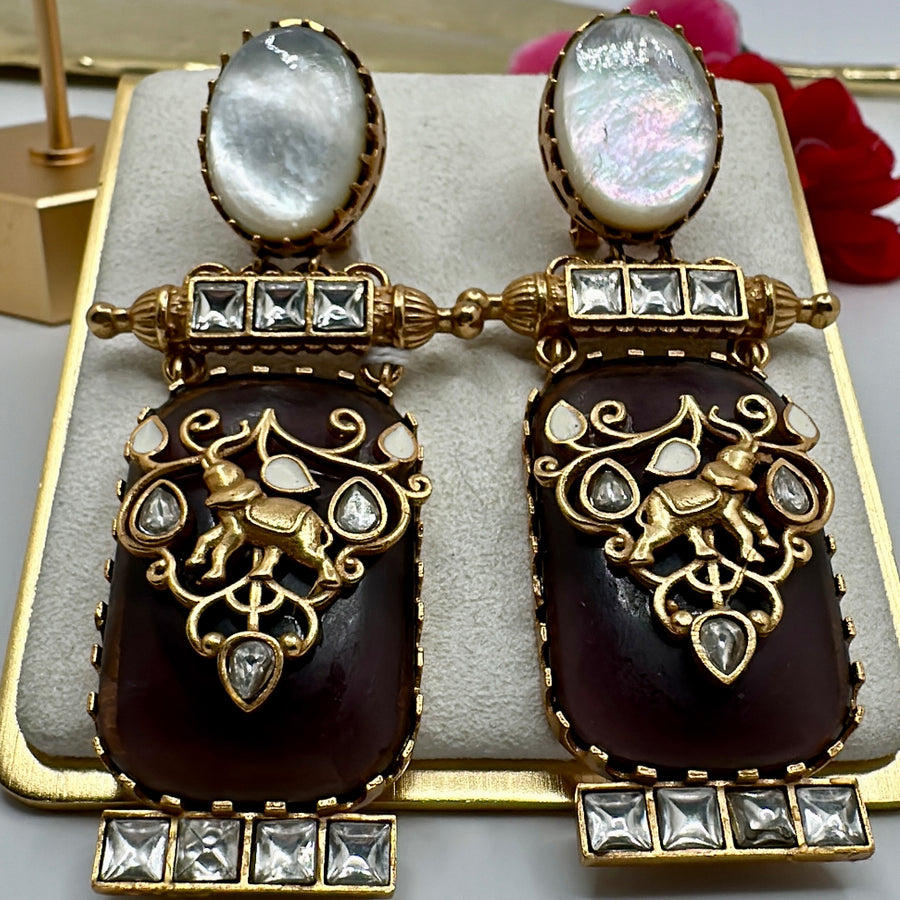 Purple Amethyst Glass Stone Earrings with MOP & Inlay Work