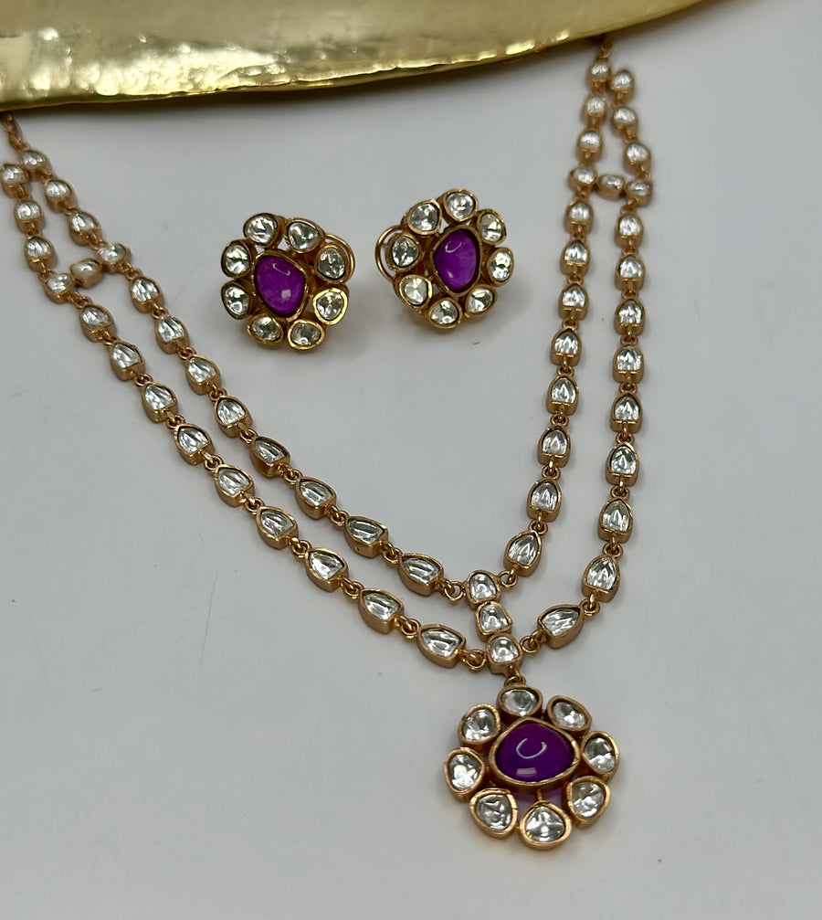 Purple Doublet & Moissanite Dainty Two Layer Necklace Set