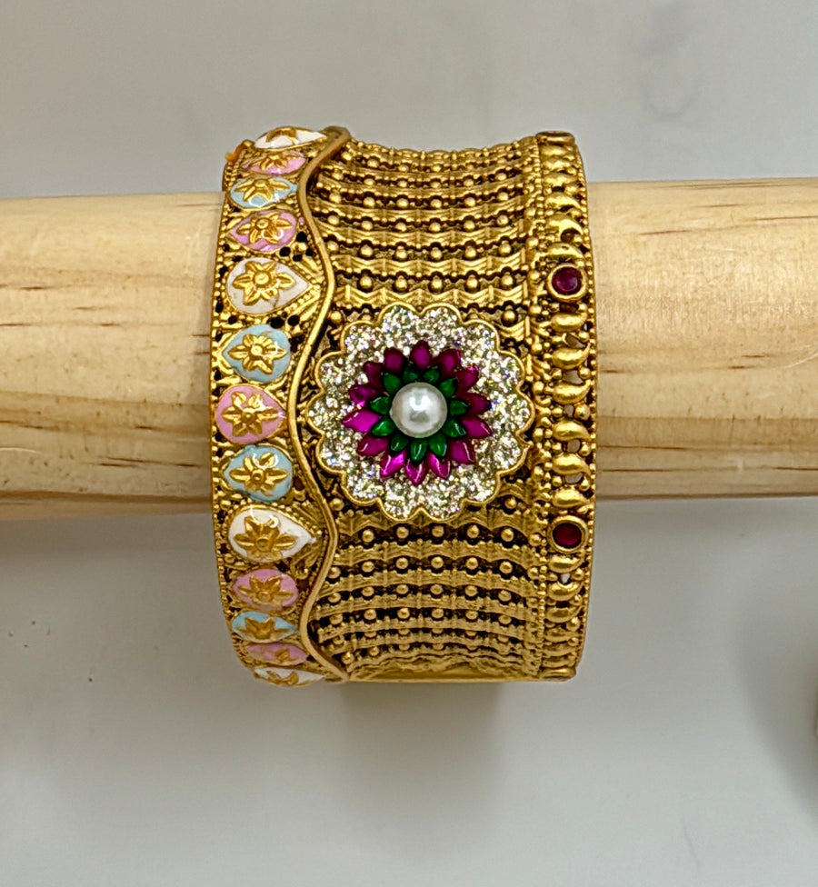 Ruby Antique Gold Rajwadi Statement Bangle Kada (Openable Size 2.4)