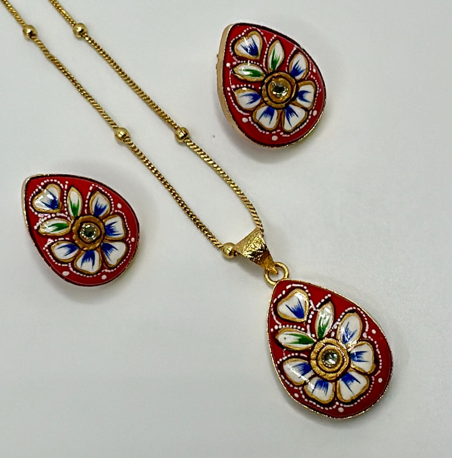 Red Tanjore Drop Pendant Set