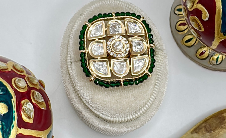 Green Polki Kundan Adjustable Finger Ring