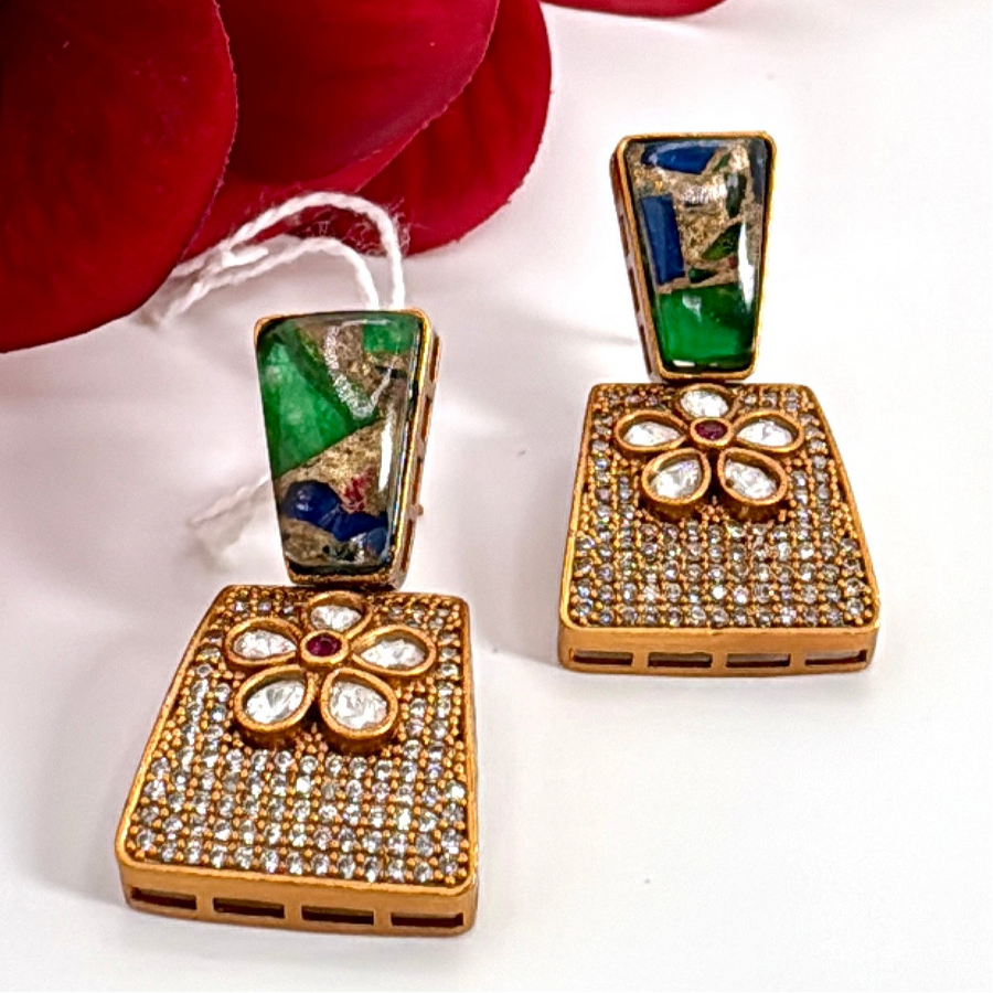 Green Marble Doublet Moissanite Earrings
