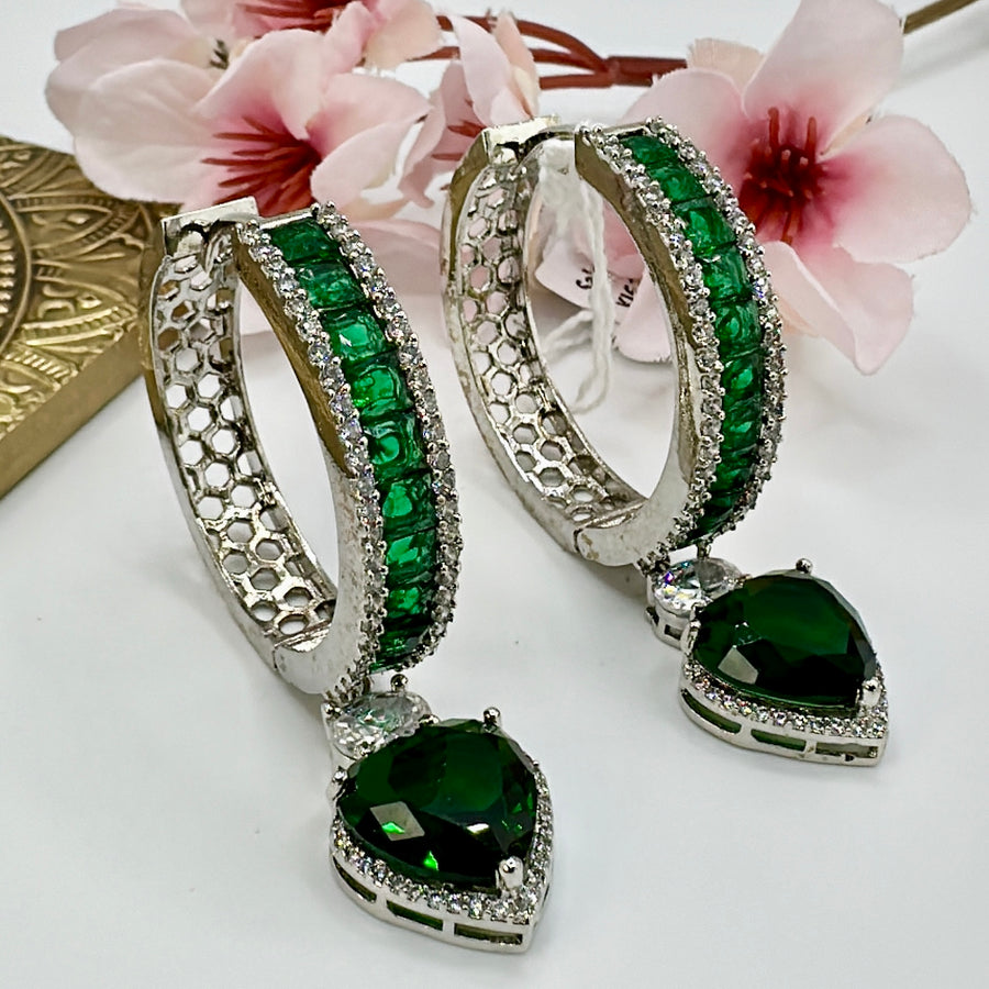 Green American Diamonds Heart Drop Loop Earrings