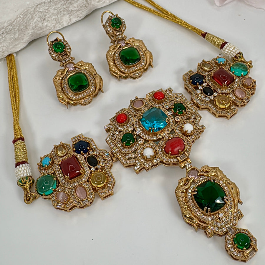 Turquoise Multi Stone Sabya Inspired Choker Necklace Set