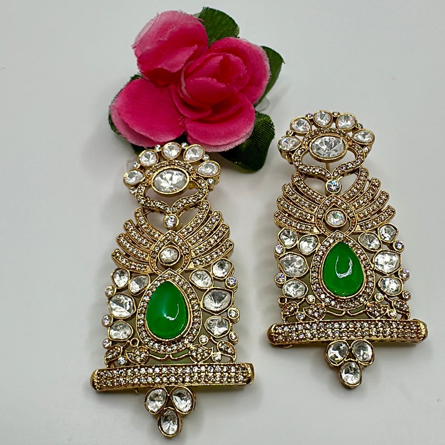 Green Moissanite Kundan Statement Earrings