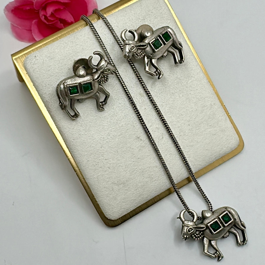 Green Silver Lookalike Nandi Pendant Set